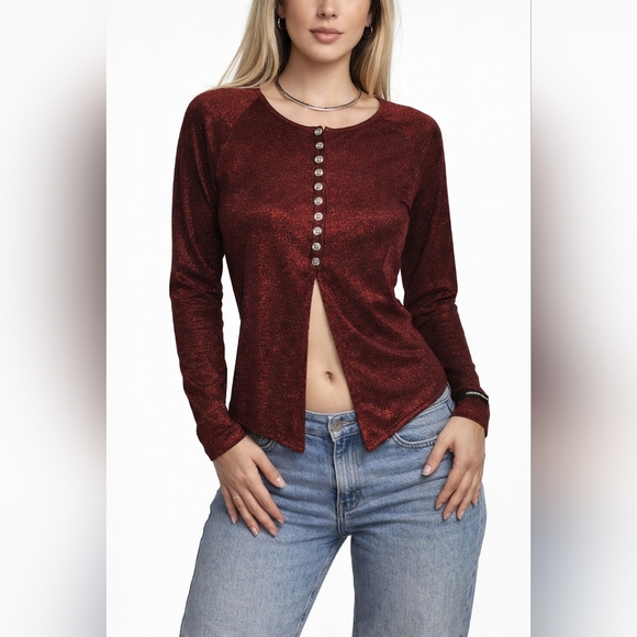 Harley-Davidson Tops - Harley-Davidson Womens Y2K Red Shimmer Button Front Slit Top Made USA Sz M